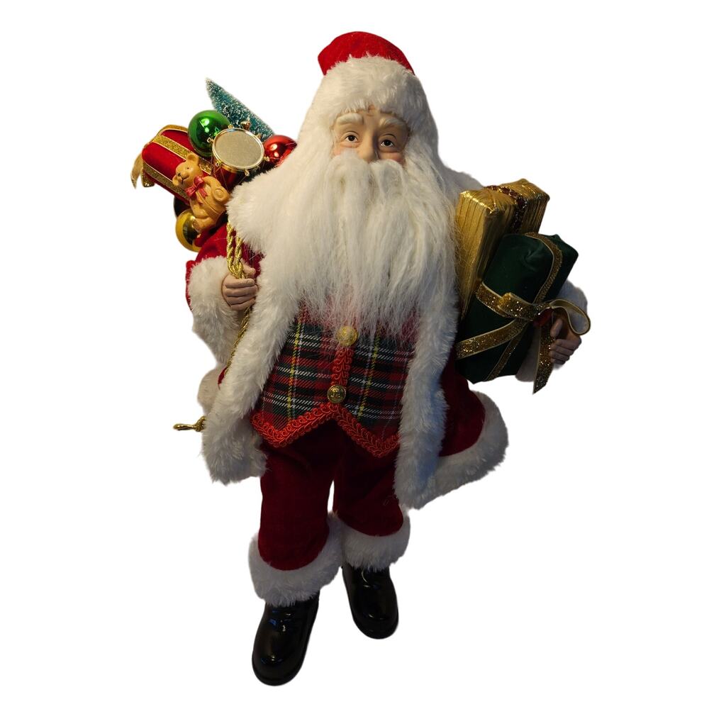 Christmas Standing Santa 18" Holding Presents & Sack W/Teddy Bear Tree Drum